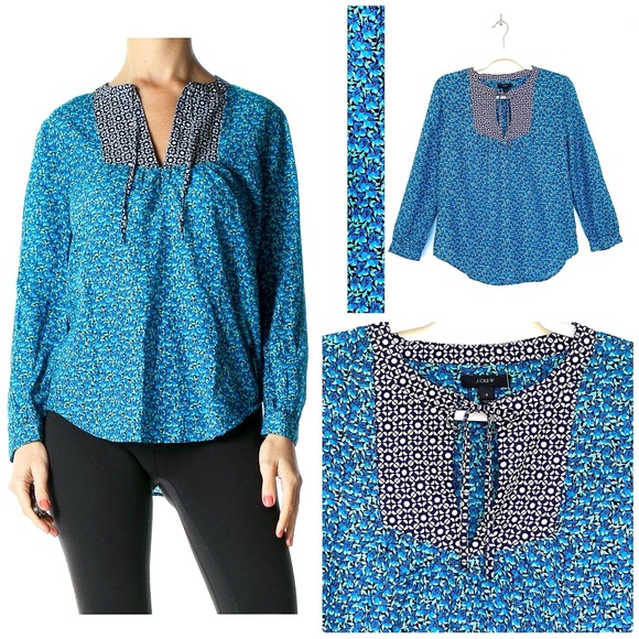 J. Crew Silk Blend Floral Blouse Peasant Flower-Patch Tie Neck Long Sleeve Blue - Picture 6 of 16